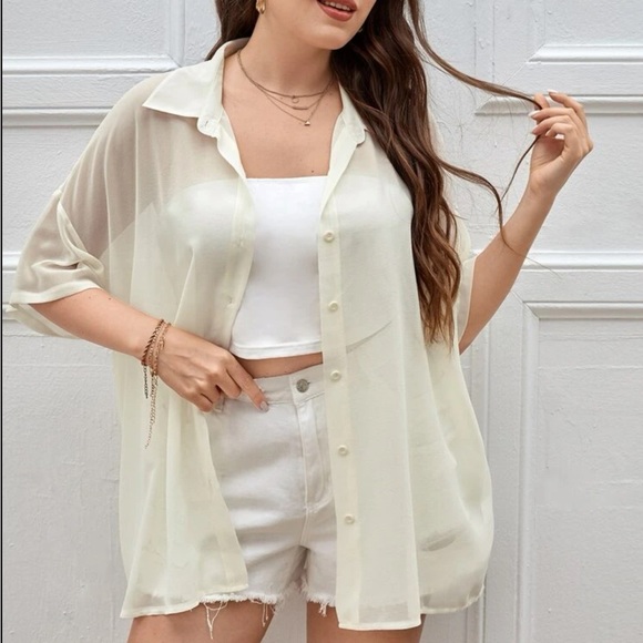 SHEIN Tops - Sheer Short Sleeve Button-Front Drop-Shoulder Shirt NWOT